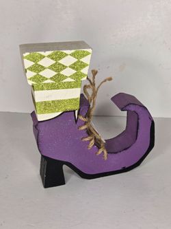 Purple Wooden Witch Boot Halloween Decor Glitter Harlequin Green Striped 8.5in