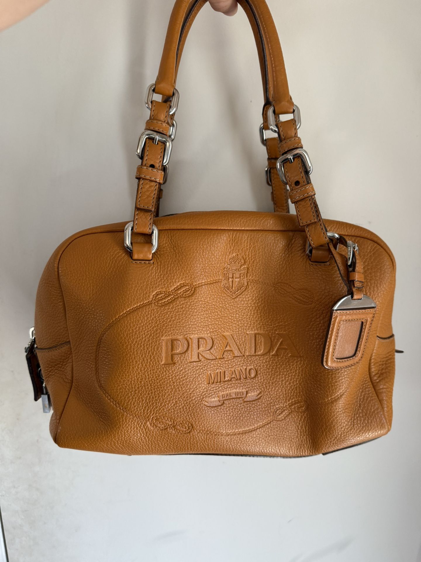 PRADA Ambra Vitello Daino Print Leather Medium Bauletto Bag BR3106