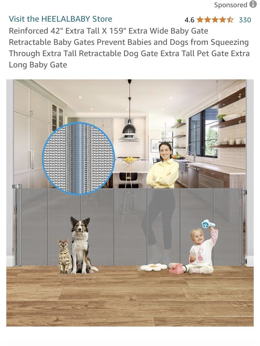 Heelababy Safety Baby Pet Gate Grey 42x159 Retractable Extra Tall NEW IN BOX