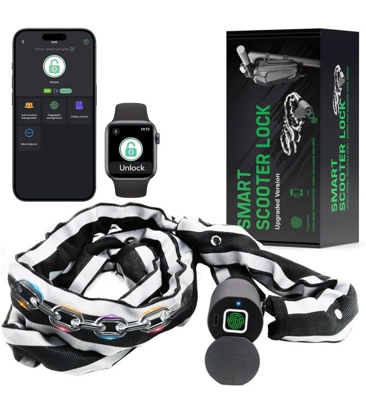 New Electric Smart Bike Chain Lock Heavy Duty Anti-Theft, Fingerprint & App Unlock, Escooter Accessories With Waterproof Bag for Bicycle,