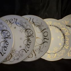 Hausenware Holiday Plates Lot  JOY & CHEER Gold Script Christmas Decor 6 Xmas Plate