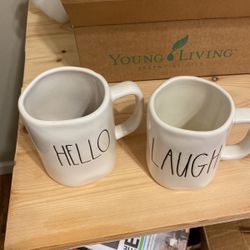 Rae Dunn Laugh and Hello Coffee Mugs (2)