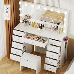 Vanity with Lighted Mirror - Makeup Vanity Desk with 11 Drawers and Outlet, 3 Co