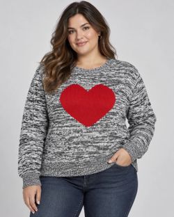 Cupcake Cafe Women's 2X Gray Marled Knit Sweater Red Heart Long Sleeve