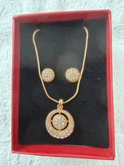 Gold-Tone Crystal Pendant Necklace and Earrings Set