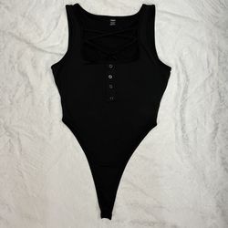 Shein Crisscross Button Detail Black Tank Bodysuit New 