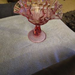 Fenton Art Glass Pink Thumbprint Ruffle Compote. 