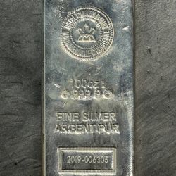 100 Troy Ounce 2019 Royal Canadian Mint Fine Pure 999.9 Silver Bar