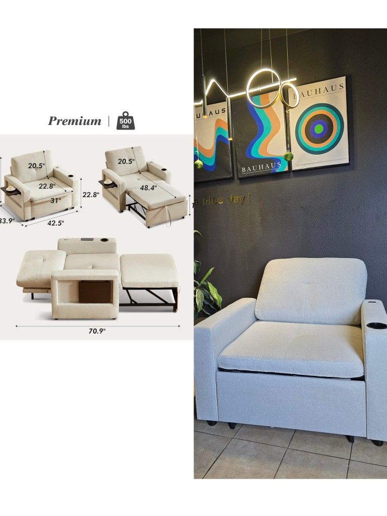 White Sleeper Chair Bed Convertible Reclining Sofa Chair with Pull Out Couch Bed