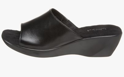 💥NEW Walking Cradles Black Leather Comfort Wedge Heels Sandals Slides Size 6.5 WW NIB
