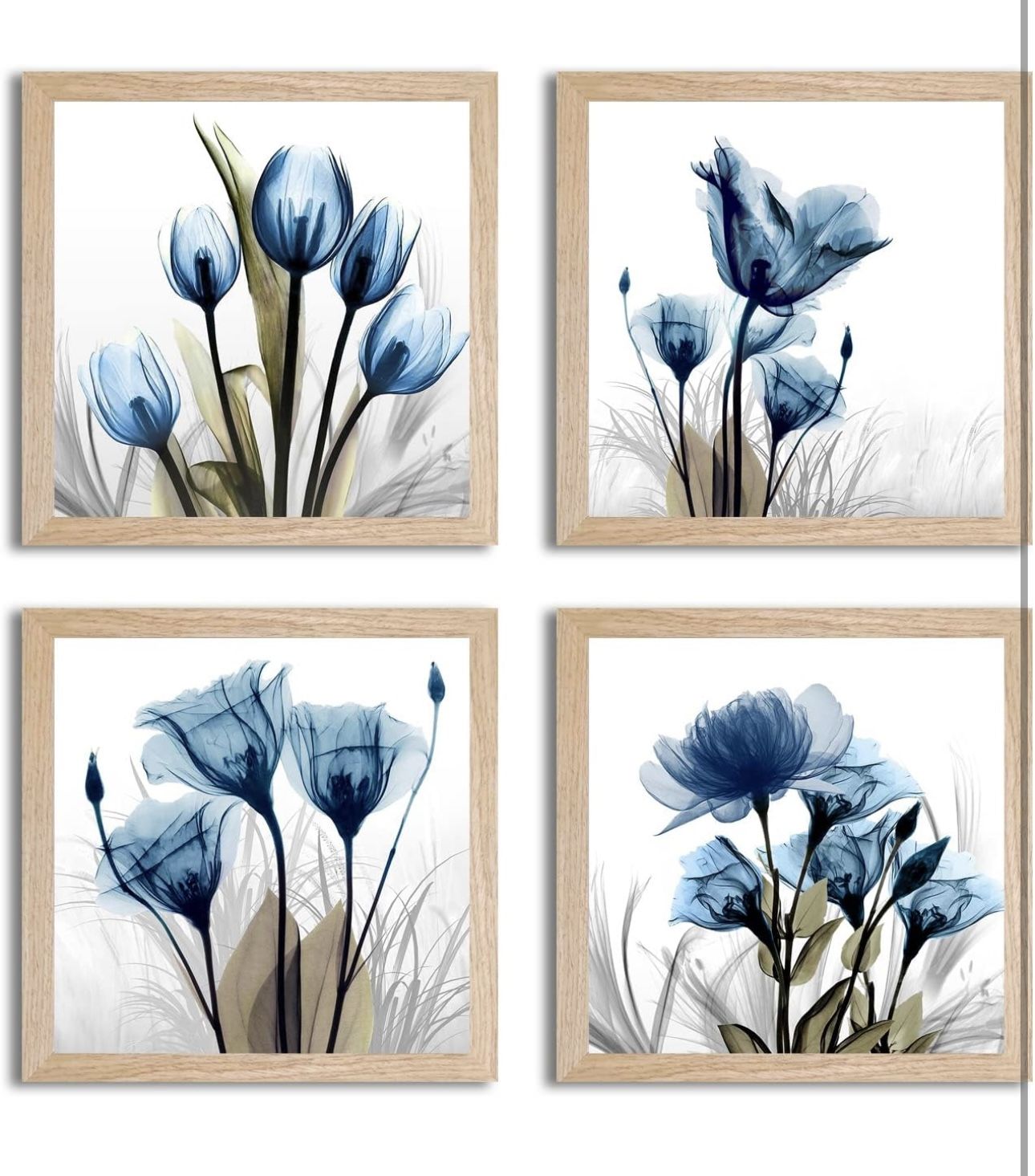 Framed Living Room Wall Art Flower Bedroom Bathroom Wall Decor Blue Solid Oak Wood Framed MDF Backboard 14" X 14" 4 Pieces