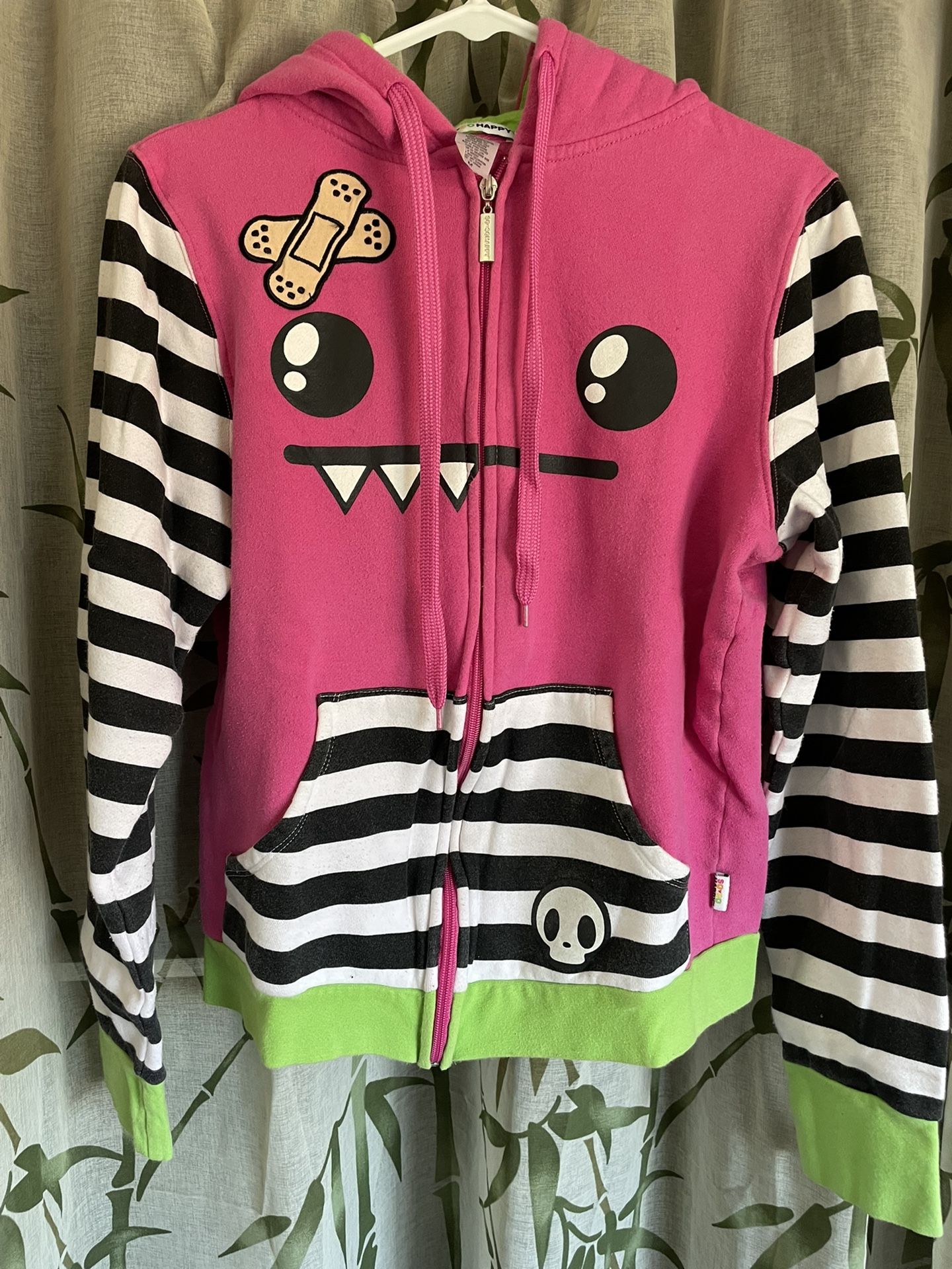 Vintage So So Happy Pink W Striped Sleeves Hoodie Size M Womens