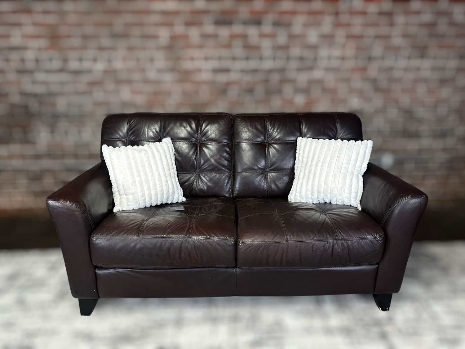 Delivery Available Maceys leather tufted brown loveseat