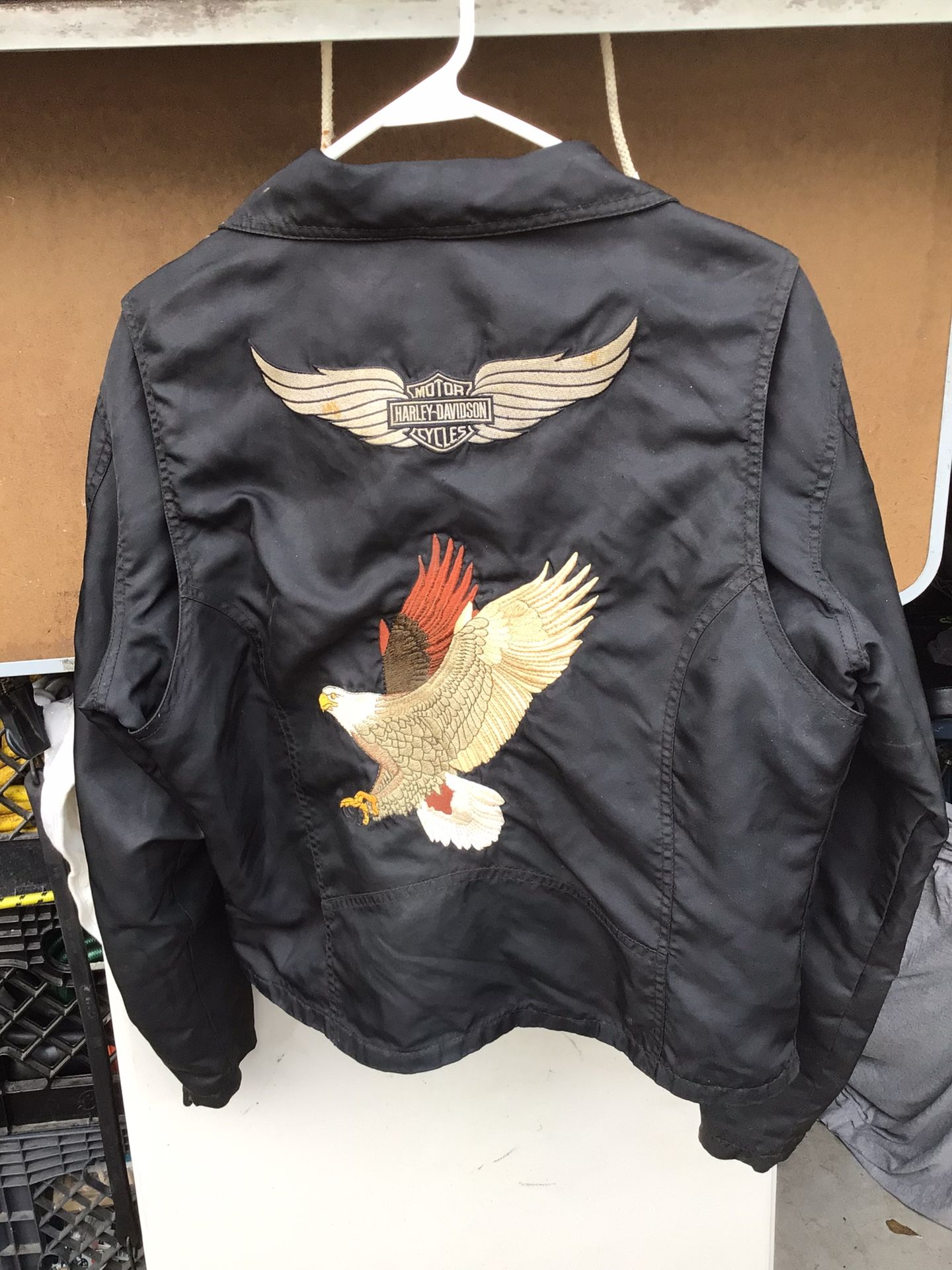 Harley Davidson Vintage Eagle Embroidery BLACK ORANGE WOMENS INDOOR OUTDOOR weatherproof NYLON Button Jacket Coat BOOTS Coffee MUG DECK of CARDS 