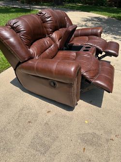 Real leather rocking manual reclining brown one piece sofa