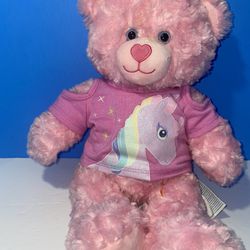 Build A Bear BAB Pink Teddy Bear 16”Plush Stuffed Animal Blue Eyes Heart Nose