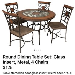 Round Dining Table Set – Glass Insert, Metal Frame, 4 Chairs