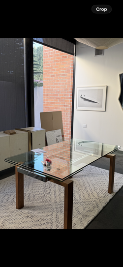 Modern Expandable Glass Dining / Conference Table – Wood & Steel Base