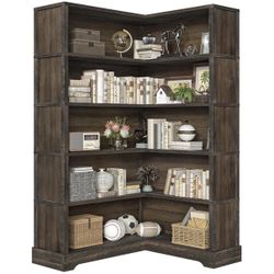 Wood Corner Book Shelf, 5 Tier 65 Inch Tall Bookshelf with Storage, Floor Standing Display Book Shelf for Living Room, Kitchen, Home Office, Rustic Br