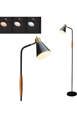 Reading Floor Lamp,Industrial Modern Style,360 Degree Rotatable,Black & Brushed Copper Finsh, Height Adjustable,3 CCT (Black+Wood)
