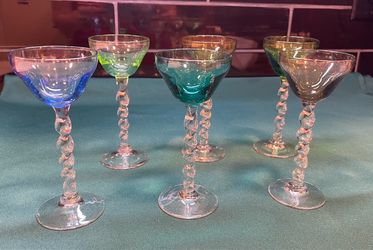 Stunning set of hard to find mid century rainbow color cordial glasses