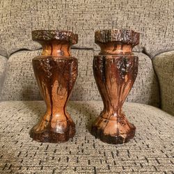 Set of 2 Vintage MCM Hand Turned  Chrysanthemum  Wooden Candle Stick Holders