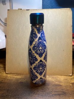 Insulated Water Bottle Blue Damask Print