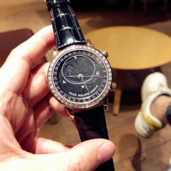 Automatic mechanical movement, diamond-set, men's watch, Swiss watch, 44mm, black dial, 18K rose gold case, crocodile leather strap