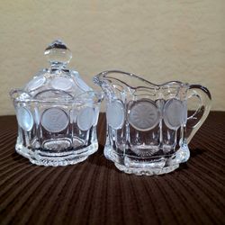 Vintage 1960's Fostoria Coin 1887 Pattern Clear Glass Cream & Lidded Sugar Set