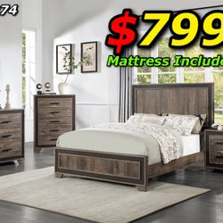 4pcs Queen Size Bedroom Set w. Mattress Included 