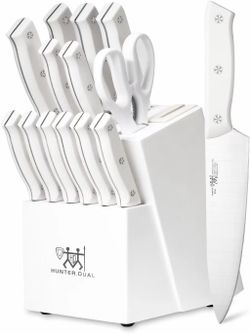 Knife Set, 15 PC Kitchen Knife Set with Block and Built-in Sharpener, 6 Steak Knives, Razor Sharp