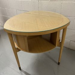 Mid Century Modern Drum Table with rotating shelf and removable glass top