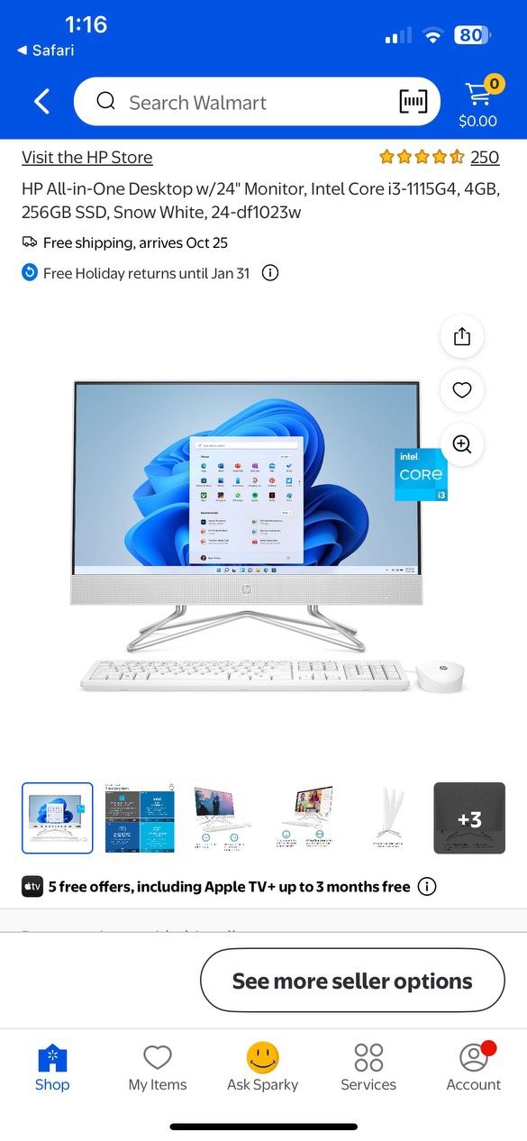 HP All-in-One Desktop w/24" Monitor, Intel Core i3-1115G4, 4GB, 256GB SSD, Snow White, 24-df1023w
