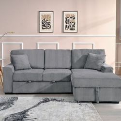 Corduroy Fabric Upholstered Chaise Storage Pull Out Bed Sectional Sofa
