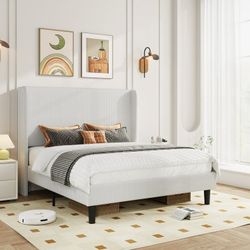 Queen Size Platform Bed Frame with Velvet Upholstered Wingback Headboard, Off-White