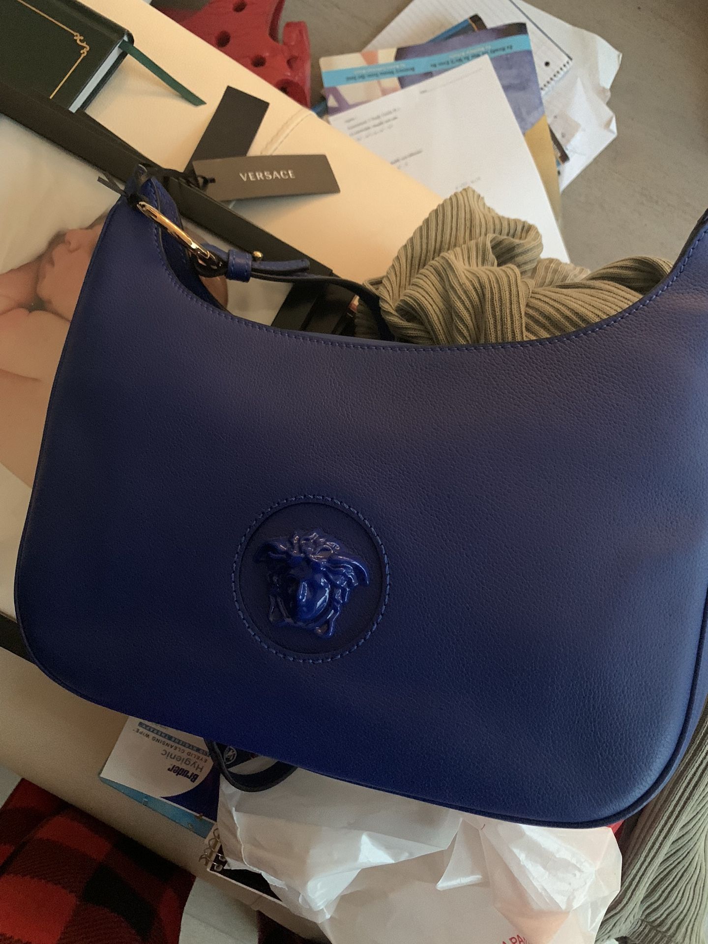 VersaceBlue Leather Medium La Medusa Crossbody