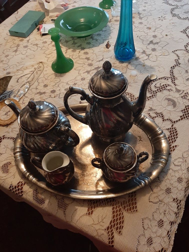 1900s platinum over porcelain tea set with tray