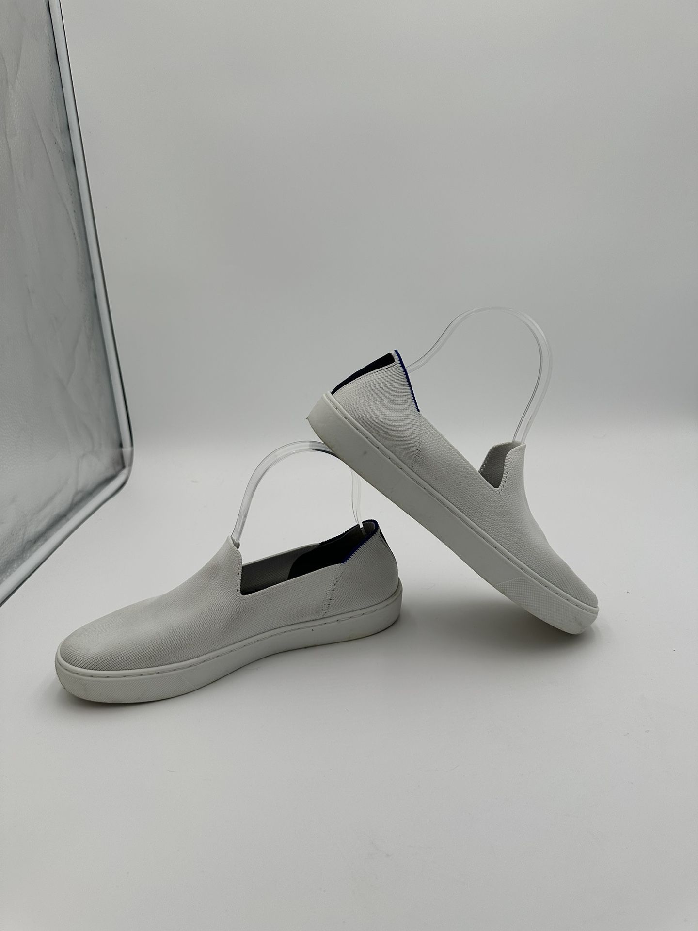 Rothy’s White Boat Shoes Loafers Flat Slip On White Size 7 Great Condition Blue & Black Stripe