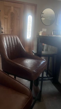 Brown Leather Bar Stool with Black Metal Frame