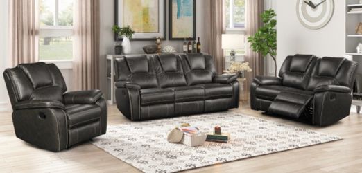 GRAY OR BROWN FAUX LEATHER MANUAL RECLINE SOFA SET. FINANCING AVAILABLE