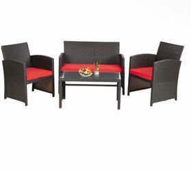 FDW 4-Piece Outdoor Wicker Patio Furniture Set – Brown & Red