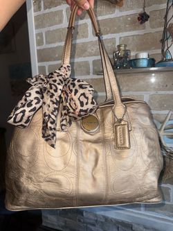 Coach metallic gold, leather tote bag with leopard print scarf