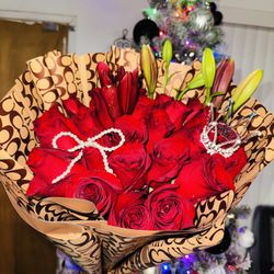 25 Red Roses With Red Red Lilies