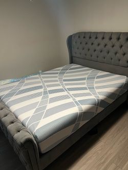Upholstered Sleigh Bed + Queen Size Mattress.