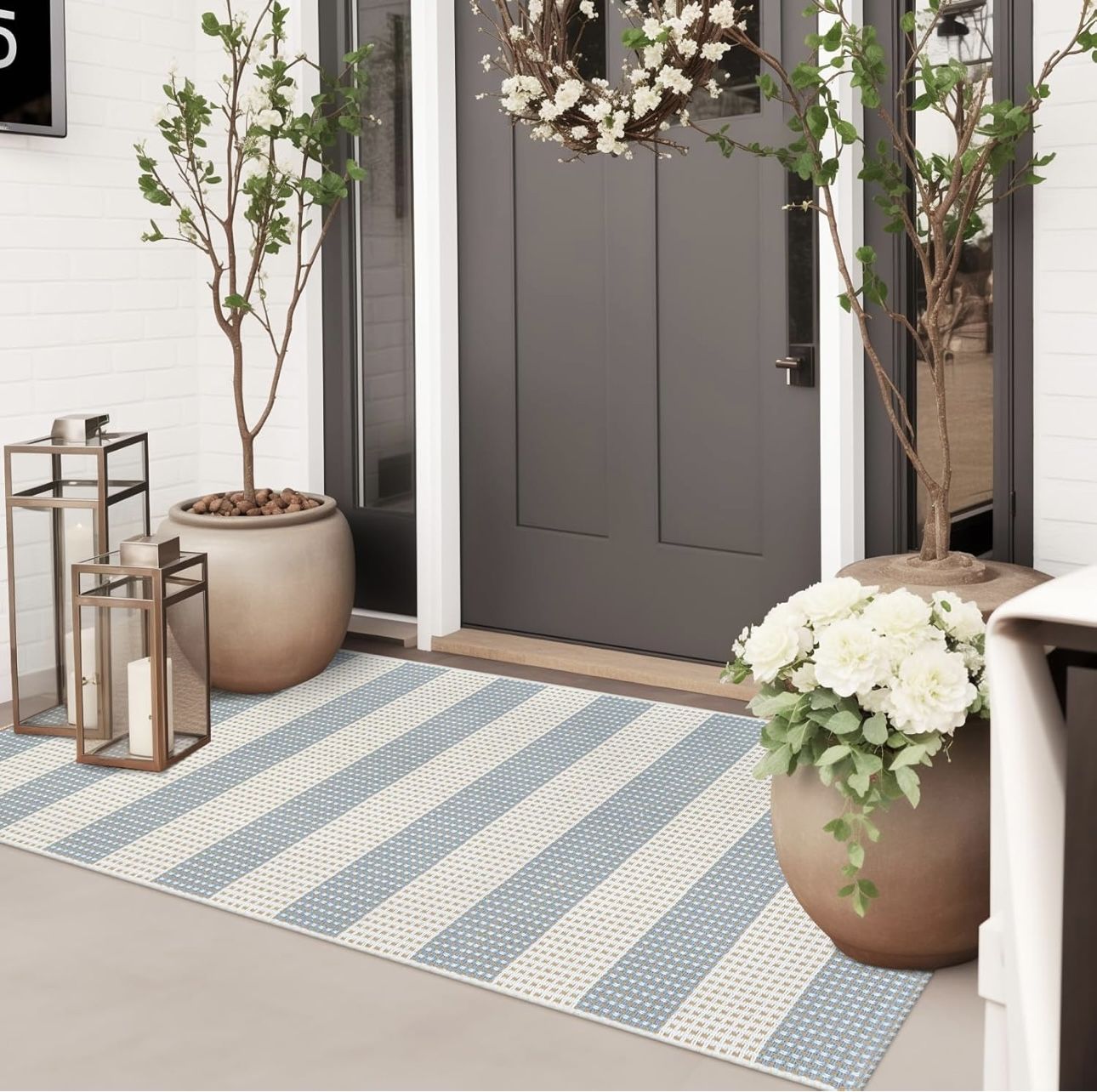 2'x4.3',Blue and Cream Washable Rug Runner, Cotton
