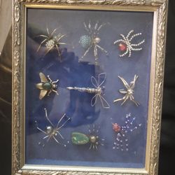 Glass Framed Box Full Of Brooches One Is Sterling Turquoise 