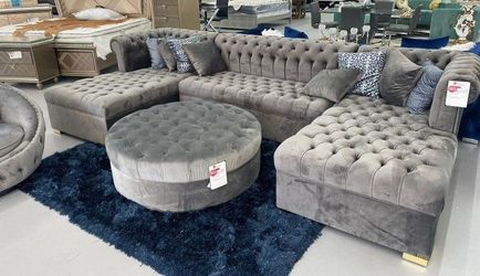 Lauren Gray Velvet Double Chaise Sectional 🤩 HOUSTON ONLY $54 Down Payment ⭐$2,299