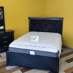 Black Upholstered Bedroom Set/ Bed,dresser, Mirror, Night Stand/ Mattress Sold Separately 