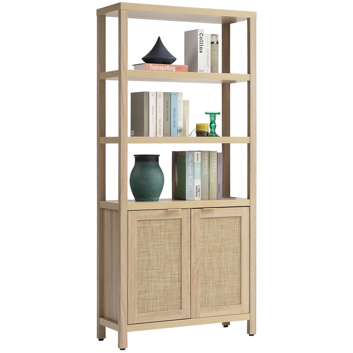 SICOTAS Bookshelf 5 Tier Book Shelf Rattan Boho 71" Tall Bookcase with Doors Storage Shelves Large Bookshelves Farmhouse Bookcases Library Book Case f