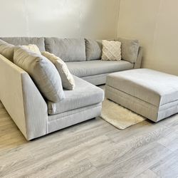 Delivery Available- Light Gray Sectional Couch w/ Storage Ottoman